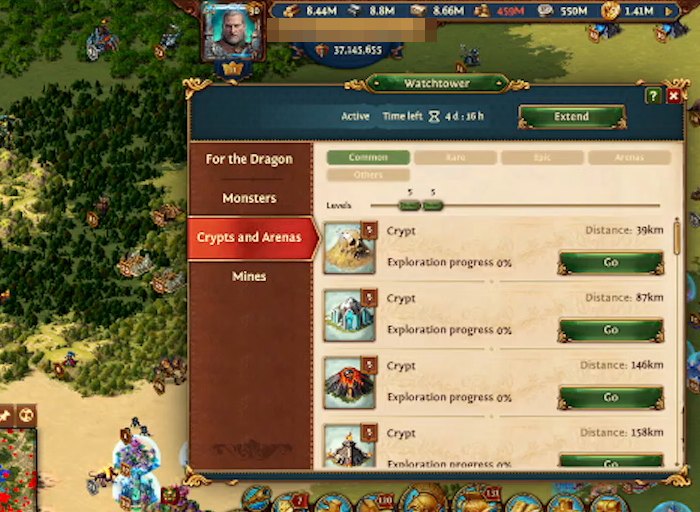 Total Battle Watchtower showing the Crypts and Arenas tab, filtered to level 5 Common crypts, with each crypt's distance and a Go button